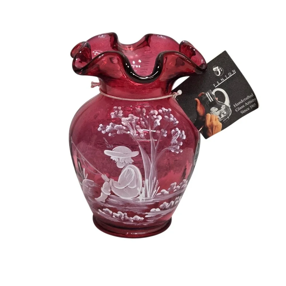 Fenton Cranberry Mary Gregory Gone Fishing Ruffled Vase 3249 LE 982/2500 Signed
